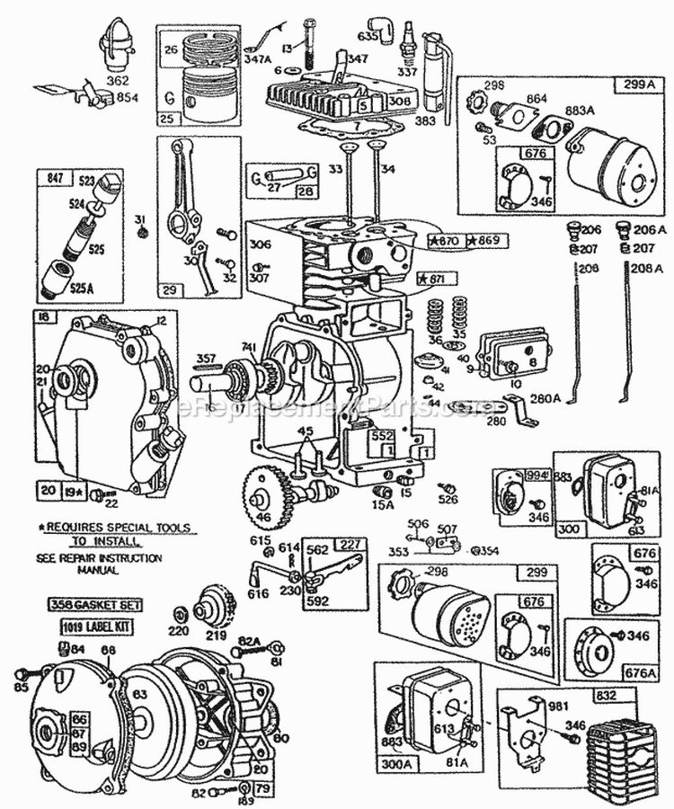 Cylinder Piston Mufflers Diagram and Parts List for 082232-0152-99  Briggs and Stratton Engine